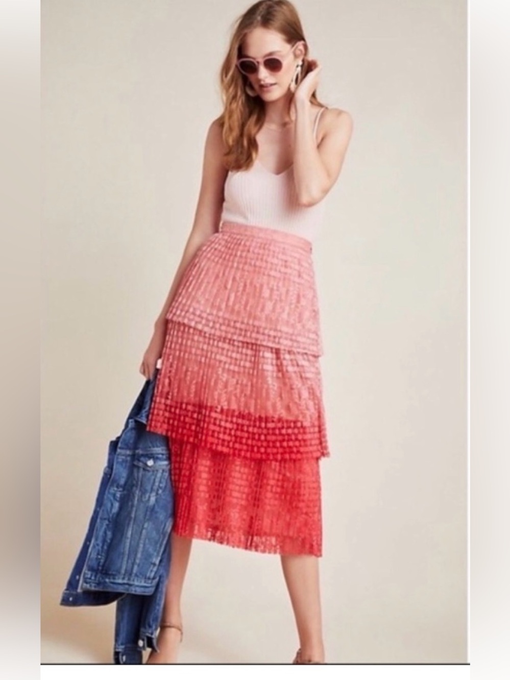 Anthropologie Maeve Brighton Tiered Midi Skirt in a red and pink ombré - Picture 2 of 7